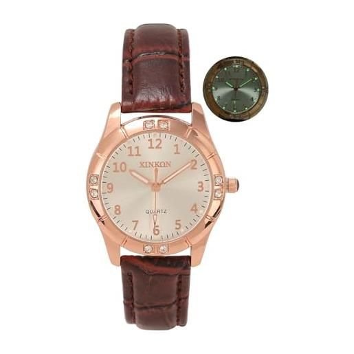 JSDDE orologi da donna analogico al quarzo con quadrante luminoso e strass 3 aghi, orologi da polso in pelle per donne ragazze, marrone