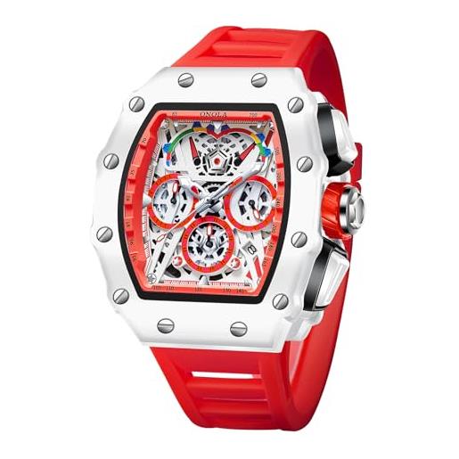 FORSINING orologio da uomo, rettangolare, grande, alla moda, al quarzo, cinturino in silicone, casual, cronografo, impermeabile, per uomo, colore: rosso, cinghia