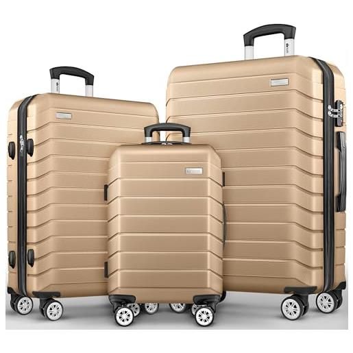 tillvex® set di 3 valigie da viaggio + bilancia per bagagli, 6 cinghie per valigie e 3 etichette per bagagli, set da 4 ruote, trolley valigia tsa, serratura rigida m-l-xl, champagne