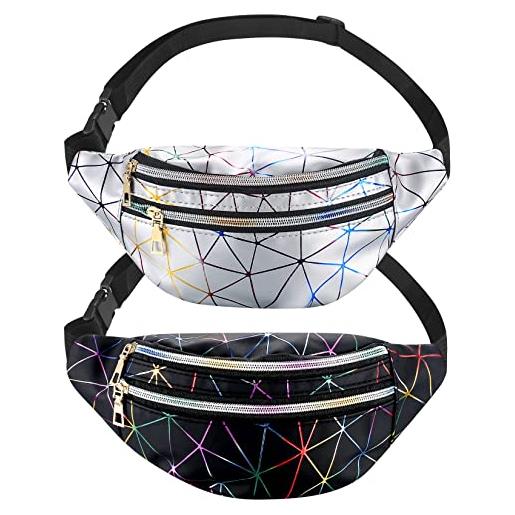 TianPuHZX 2 pezzi marsupio sportivo da donna, marsupio metallico glitter impermeabile, borsa marsupio regolabile per ragazze donne uomini bambini festa festival sport viaggi all'aperto - argento, nero