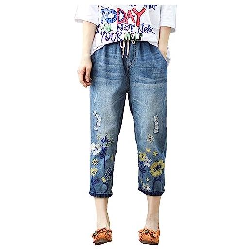 Generic pantaloni corti da donna in denim uk, jeans da donna, comodi pantaloni ricamati letterari, lunghezza 3/4, elasticizzati, alla moda, stampa floreale, pantaloni con coulisse con tasche, pantaloni a vita