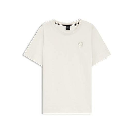 BOSS blusa in cotone mercerizzato con monogramma doppio ricamato, bianco