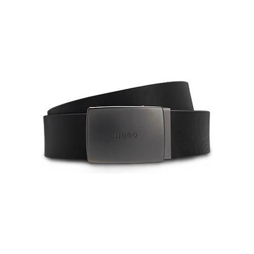 HUGO cintura in pelle italiana con fibbia con placchetta con logo inciso, nero