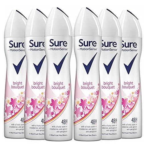 Sure, deodorante spray anti-traspirante bright bouquet per donne, 250 ml, confezione da 6