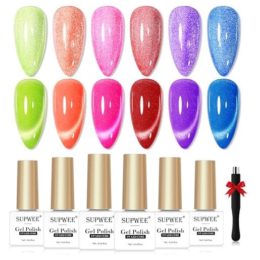 SUPWEE cat eye - set di 6 smalti in gel uv, con glitter riflettenti, con magnete, effetto olografico, per manicure fai da te