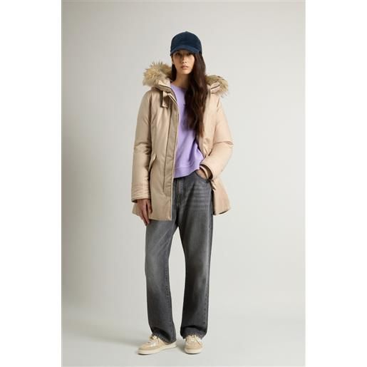 Woolrich donna arctic parka in misto lana e seta realizzato utilizzando un tessuto loro piana beige taglia xs