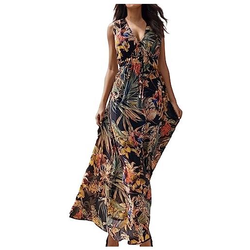 Generico vestito lungo estivo donna casual stampa floreale senza maniche moda sexy vestiti lungo boho abito da spiaggia bohémien estivo abito lungo con frange spiaggia fantasia dress