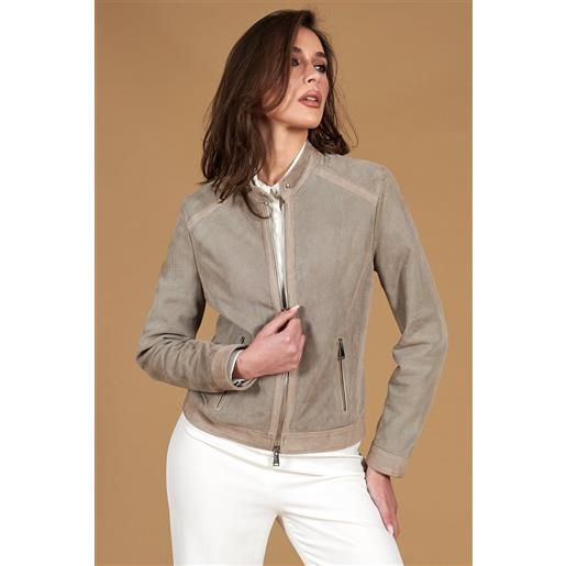 D'Arienzo giacca biker in pelle camoscio traforato grigio effetto liscio D'Arienzo