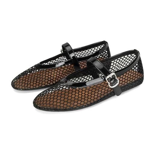 DOEYG ballerine da donna in rete con cinturino con fibbia, comode, casual, da ufficio, nero e oro. , 43 eu