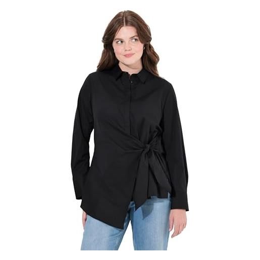 Ulla Popken bluse, drapiert, hemdkragen, langarm, biobaumwolle camicia da donna, nero, 64 it/66 it