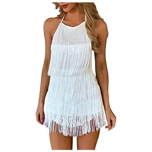 LOSSLO abito da donna con allacciatura al collo, con schiena scoperta - abito da festa, sexy, in pizzo con nappa animata, abito da cocktail, abito da ballo, abito da sera, elegante da ballo, bianco, m