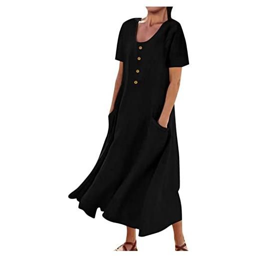 HAOLEI abito midi in lino e cotone vestito lungo estivo cotone lino con scollo a v manica corta vestiti casual da spiaggia larghi tinta unita da donna vestito lungo fluttuante taglie forti mare vacanza