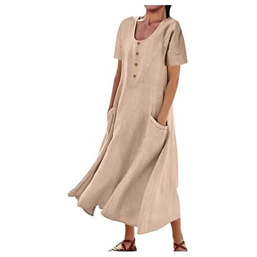 HAOLEI abito midi in lino e cotone vestito lungo estivo cotone lino con scollo a v manica corta vestiti casual da spiaggia larghi tinta unita da donna vestito lungo fluttuante taglie forti mare vacanza