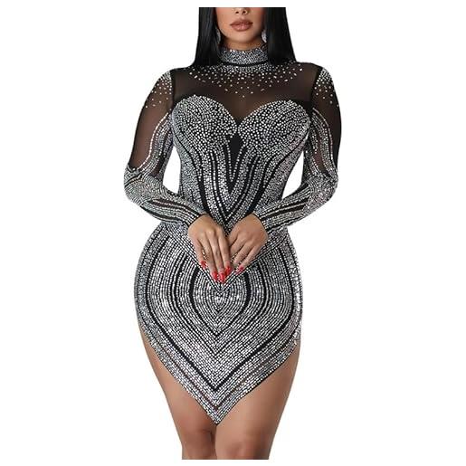 VIVICOLOR abito da donna aderente con processo di perforazione a caldo, mini abito glitterato con strass sexy, abito da sera in rete trasparente