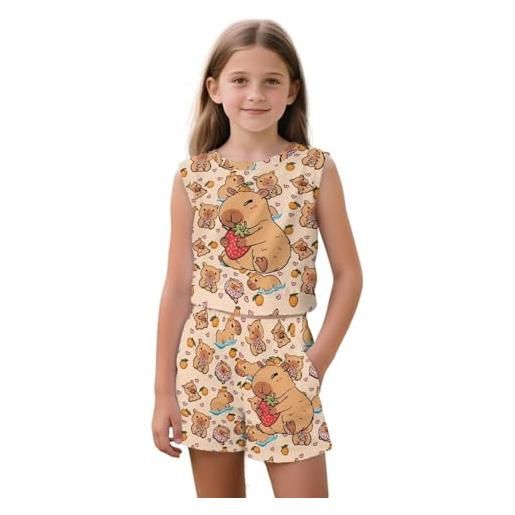 HELLHERO completo estivo da bambina in 2 pezzi, canotte e pantaloncini senza maniche per bambini, capibara, 5-6 years