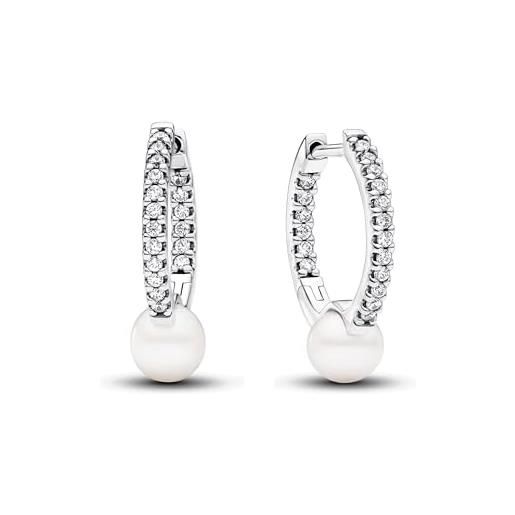 PANDORA timeless orecchini a cerchio in argento sterling con zirconia cubica trasparente e perla coltivata d'acqua dolce trattata bianca, orecchini a cerchio