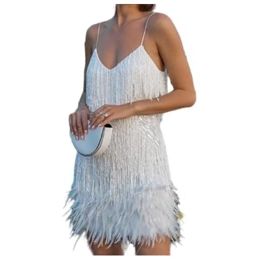 MEIION samba - abito da cocktail alla moda, con frange, paillettes e piume, patchwork, bianco, s haut