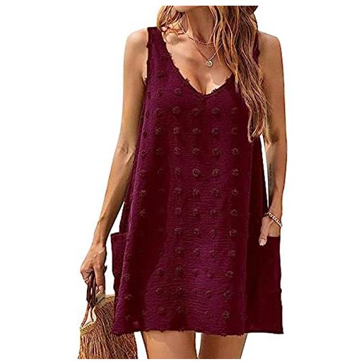ABYOVRT abito donna estivo copricostume scollo a v prendisole da spiaggia da mare copricostume vestiti estivi corti bikini cover up con tasche, rosso, xl