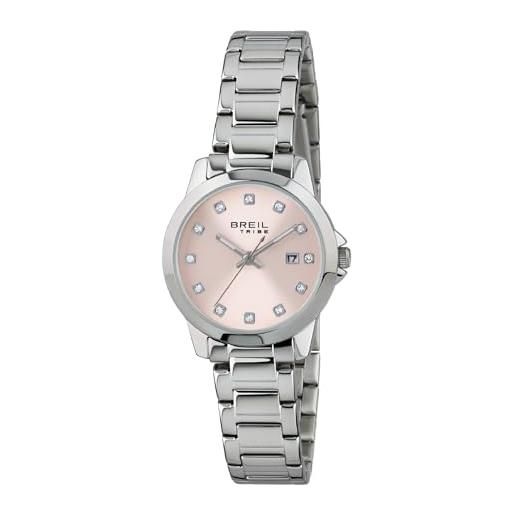 Breil, collezione classic elegance, orologio donna in acciaio, movimento al quarzo solo tempo, quadrante rosa, lunetta con sfere argento e cristalli, resistente all'acqua, cassa 28mm, silver-rosa