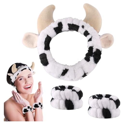 lasuroa fascia per capelli con mucca con 2pz di polsini con stampa di mucca, carina fascia per il lavaggio del viso con stampa di mucca per donne e ragazze abbigliamento feste regali di compleanno