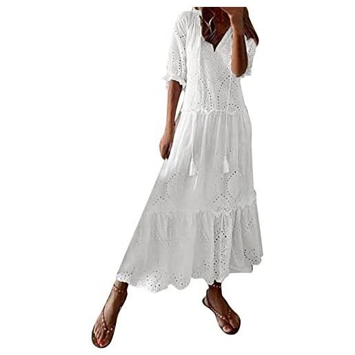 SoLu DAY8 vestiti estivi donna lunghi eleganti pizzo casual scollo a v solido barba manica corta abito da donna di media lunghezza (bianco, xl)