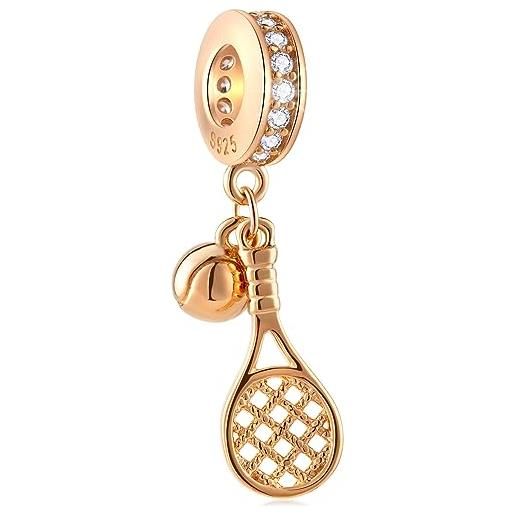 GLOWDAS oro rosa palla da tennis e racchette charm ciondolo fit pandora sport collana bracciale, 925 argento sterling tennis ciondolo perline, regali per adolescenti/san valentino/compleanno