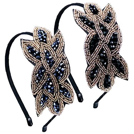 diyfixlcd 2 fasce per capelli anni '20 da donna, vintage, con strass e foglie, accessorio per capelli per feste in costume, nero, blu navy