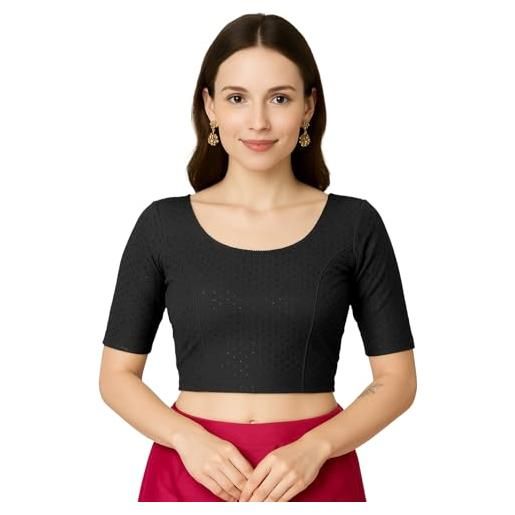 Jaanvi fashion camicetta da donna con scollo rotondo in cotone dobby lycra gomito manica readymade sari, umber-rosa, m