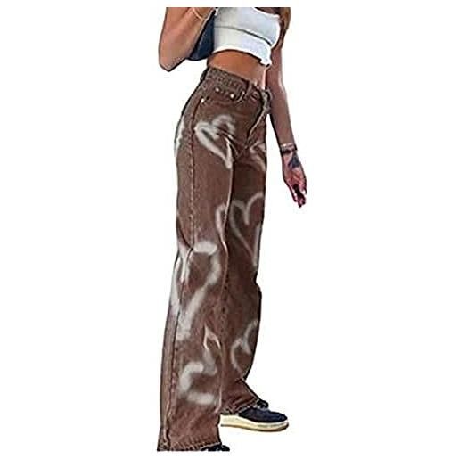 Caziffer jeans a gamba larga da donna a vita alta jeans dritti larghi casuali pantaloni larghi stampati a farfalla e cuore pantaloni in denim y2k streetwear fashion (cuore marrone, xl)