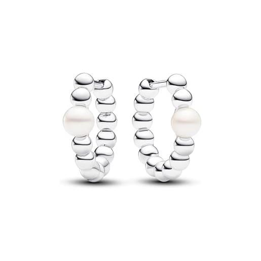 PANDORA timeless orecchini a cerchio beaded in argento sterling con perla coltivata d'acqua dolce trattata bianca, cerchi d'argento