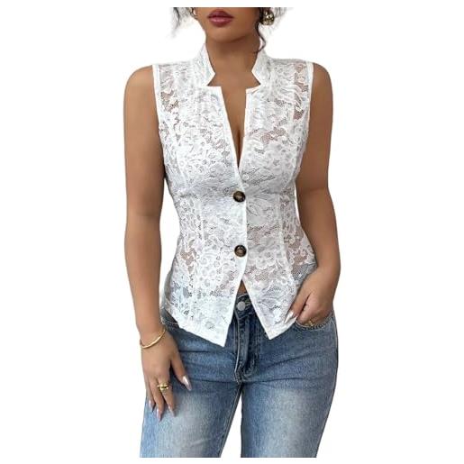 LCDIUDIU canottiera top elegante, top sexy da donna a tubino estivo y2k, bianco senza maniche scollo a v profondo con bottoni trasparente pizzo floreale tunica vestibilità attillata abito gilet con
