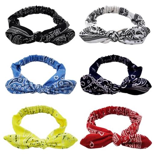 TRKETK 6 pezzi vintage elastico turbante, stile bohémien elastico stampato a fiori fasce per capelli con fiocco da donna retro fascia orecchio di coniglio accessori per capelli per ragazze e donne
