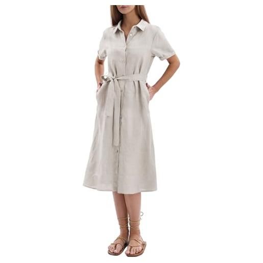 Amazhiyu abito da donna in puro lino, a maniche corte, casual, con bottoni, abito midi con tasche e cintura rimovibile, lino. , l