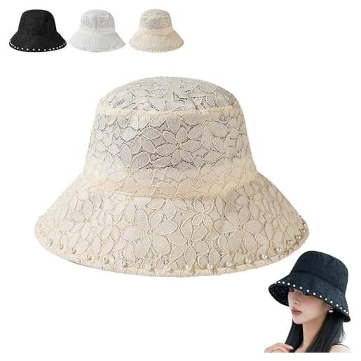 Generico eleganti cappelli da pescatore in pizzo per donna, berretto da spiaggia estivo con tesa larga, protezione uv, pieghevole, per viaggi in giardino (beige, taglia unica)