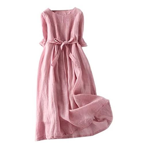 Generic lino vintage loose fit abiti primaverili 2024 prom manica 3/4 pizzo tinta unita donna primavera abiti casual per donna abiti estivi, rosa, m