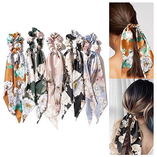 Winmany 5 fasce per capelli in chiffon fasce per capelli con fiocco per donne e ragazze elastici a triplo strato per coda di cavallo stampa per capelli bandana con fiocco per orecchie da coniglietto