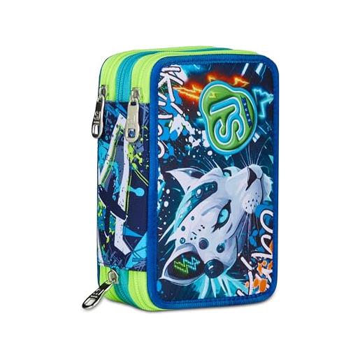 SJ GANG STYLE JAM GANG astuccio scuola 3 zip, blu, portapenne triplo scomparto completo di penne, matite, colori, accessori zaino, scuole elementari, bambino