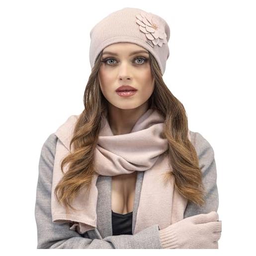 Vivisence set invernale da donna cappello con fiorellino e sciarpa in lana e acrilico design classico ed elegante, caldo e confortevole, rosa chiaro, taglia unica