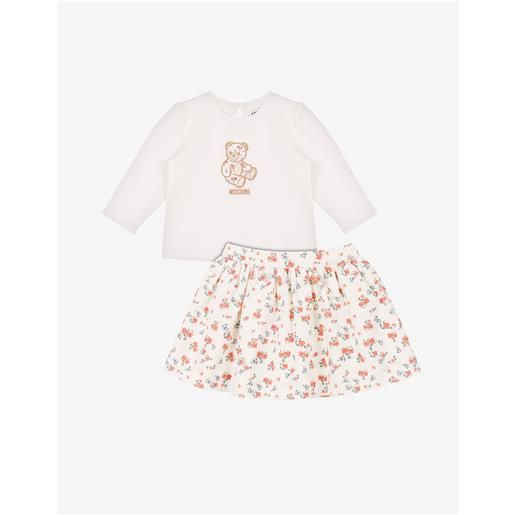 Moschino - completo t-shirt in jersey di cotone e gonna in velluto stampato - bianco