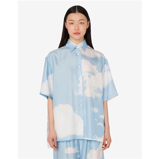 Moschino - camicia in twill di seta archive clouds - blu