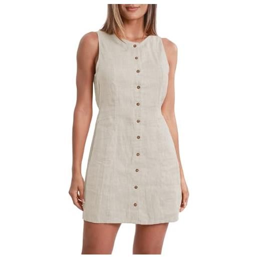 Amazhiyu abito da donna in puro lino, senza maniche, con bottoni, stile casual, mini abito in lino, lino. , s