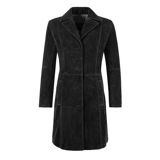 Carrie CH Hoxton trench elegante da donna in vera pelle scamosciata, classico, lungo fino al ginocchio, vestibilità aderente, 3457 (it, numero, 46, regular, regular, nero)