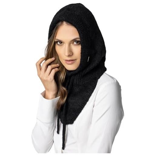 Vivisence invernale cappuccio da donna elegante con scaldacollo balaclava integrato realizzato in filato morbido e caldo con coulisse regolabile perfetto per l'inverno 7097, nero, taglia unica