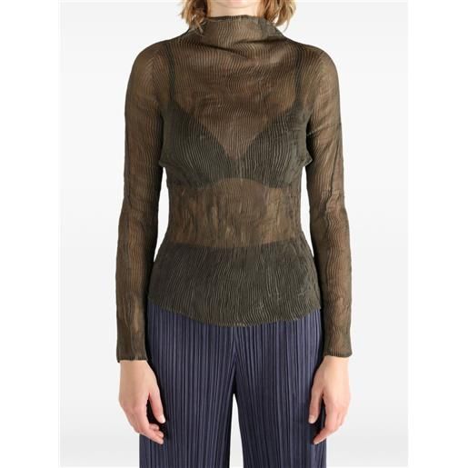 Issey Miyake chiffon twist 1 pleated high-neck sheer top - marrone