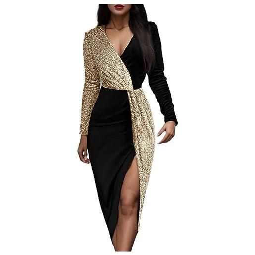 Generic top a maniche lunghe da donna a due colori nero e oro stile nazionale a vita alta tinta unita temperamento gonna di media lunghezza manica lunga abito floreale maxi abiti, oro, xxl