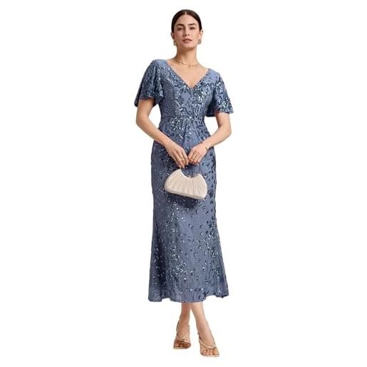 Ever-Pretty abito da sera con paillettes elegante scollo a v cerimonia taglie forti manica corta midi estivo denim blu 36