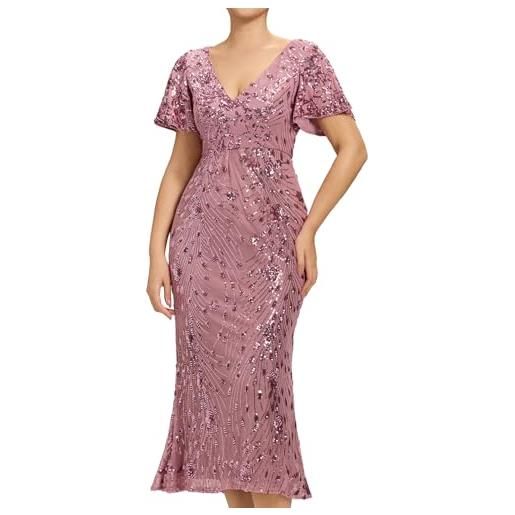 Ever-Pretty abito da sera con paillettes elegante scollo a v cerimonia taglie forti manica corta midi estivo denim blu 42