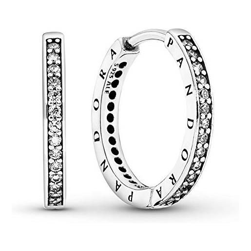 PANDORA signature orecchini a cerchio in argento con logo e zirconi cubici