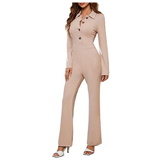 Cocoarm tuta da donna a maniche lunghe tuta elegante colletto rovesciato tutina casual lungo pagliaccetto con bottoni pantaloni gamba dritta pantaloni casual tuta(l-albicocca)