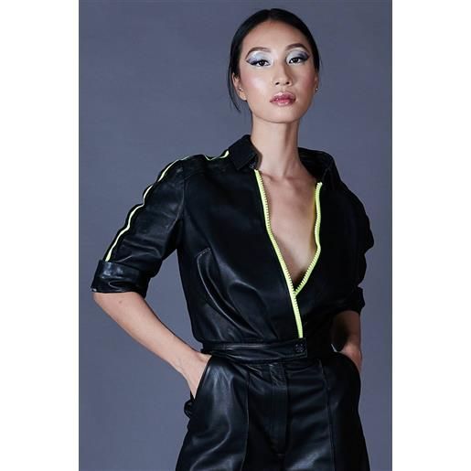 D'Arienzo body in pelle nera e tessuto elastico con profili verde fluo D'Arienzo